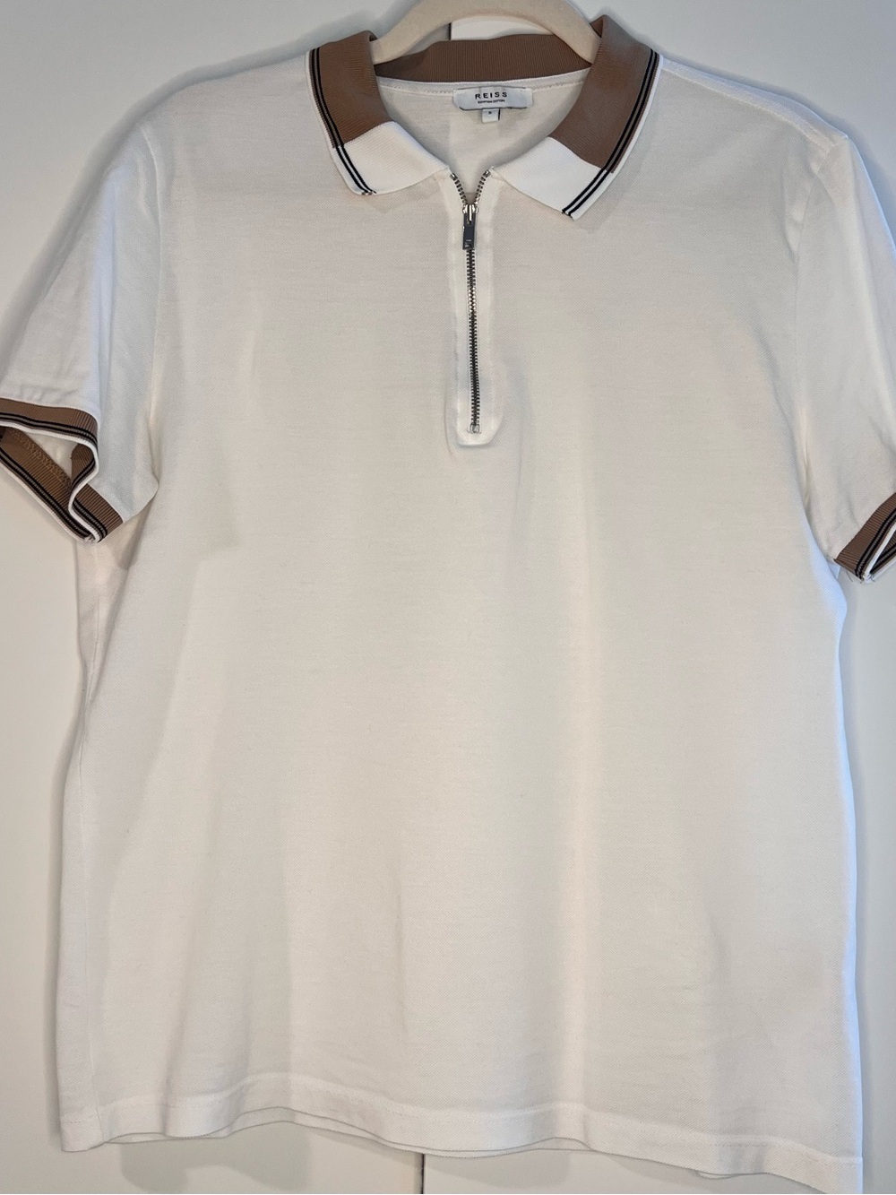 Reiss White Polo with Tan Contrast Collar and Zip